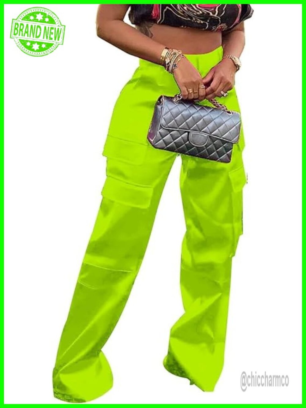 Satin Cargo Pants High Waisted Wide Leg Trousers Multiple Pockets